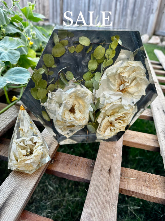 Hexagon Display  _ White Roses & Eucalyptus